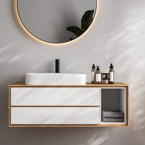 3d-render-wooden-vanity-counter-with-whiteceramic-washbasin-modern-style-faucet-bathroom